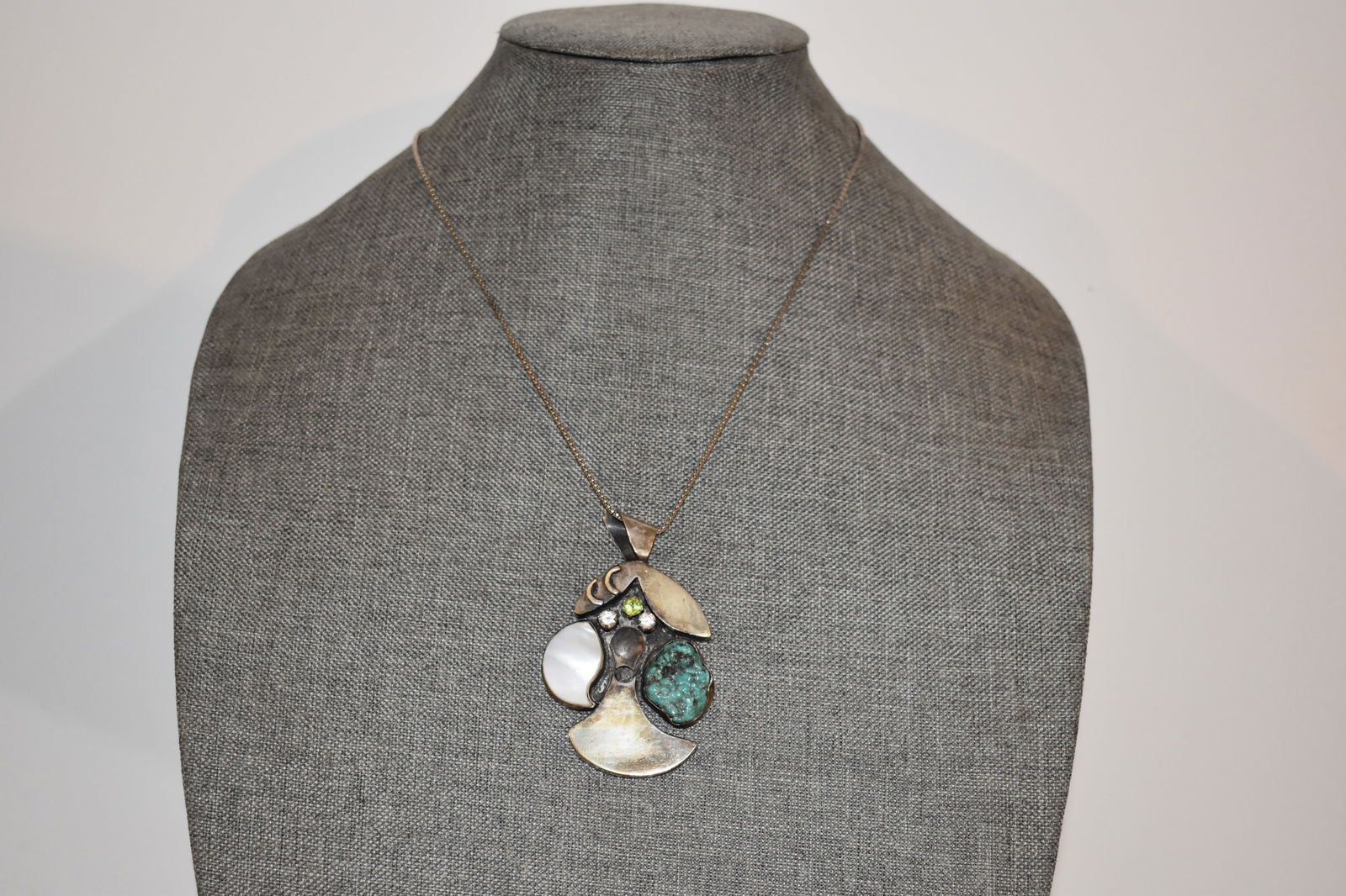 Vintage Navajo Southwest Zuni Turquoise mother of pearl Large Pendant necklace 3" x 1 3/4" chain 19" (1 of 4)