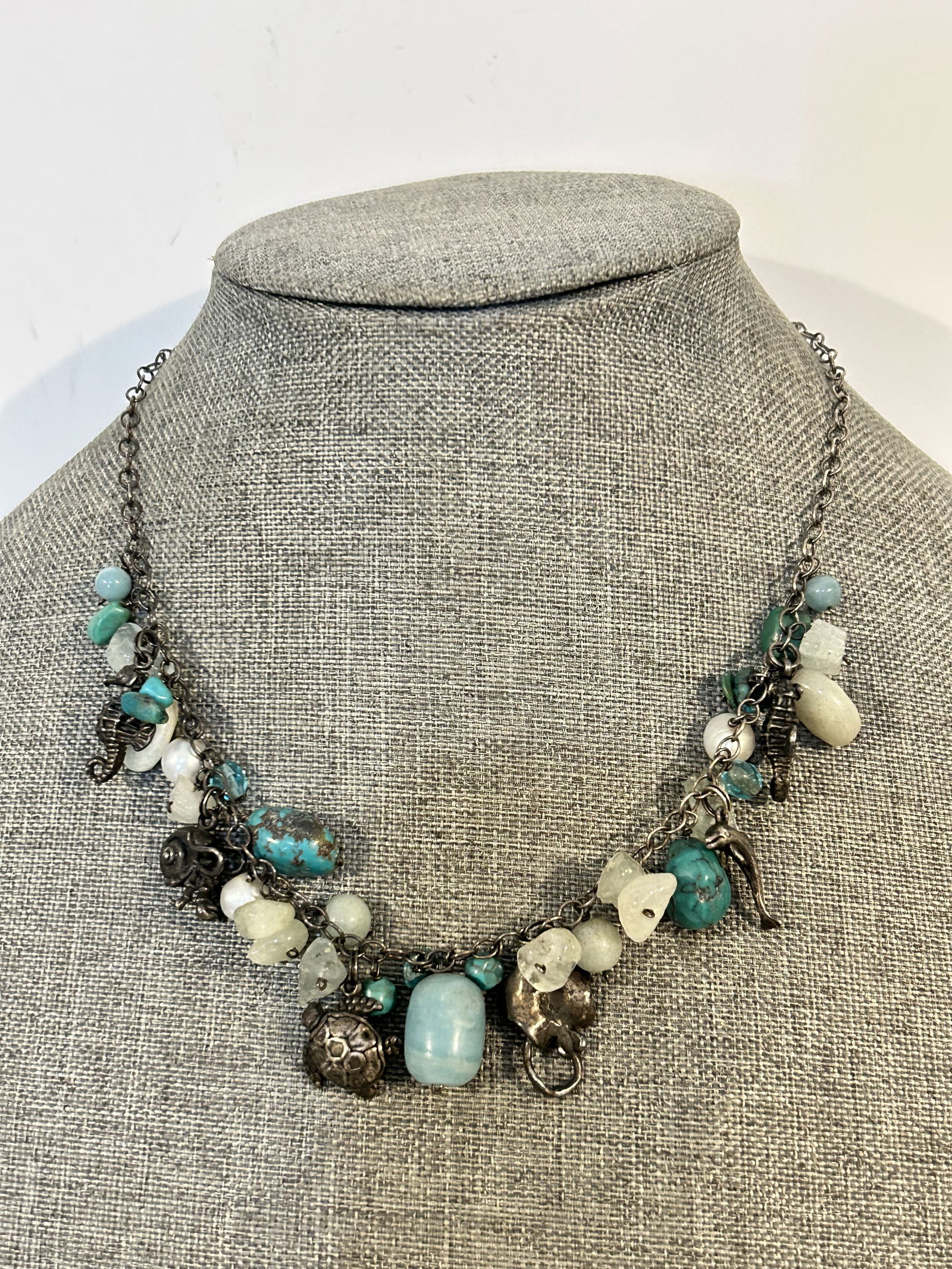 Rare Sajen Sterling Silver Shell Charm Jade Turquoise Necklace 16" (1 of 4)