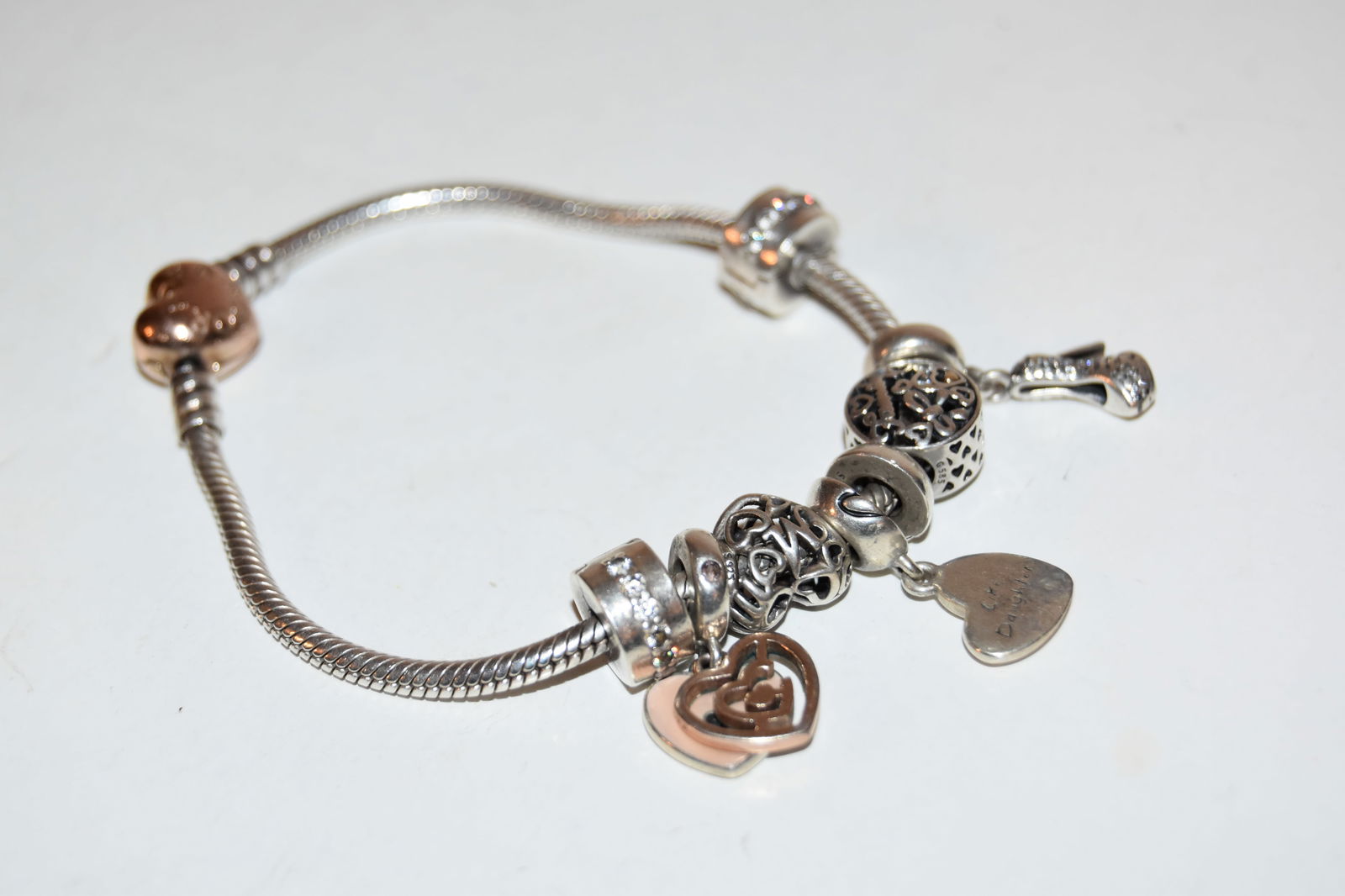 Pandora 925 ALE Hearts Bead Charm Bracelet 7 1/2" 8 charms (1 of 4)