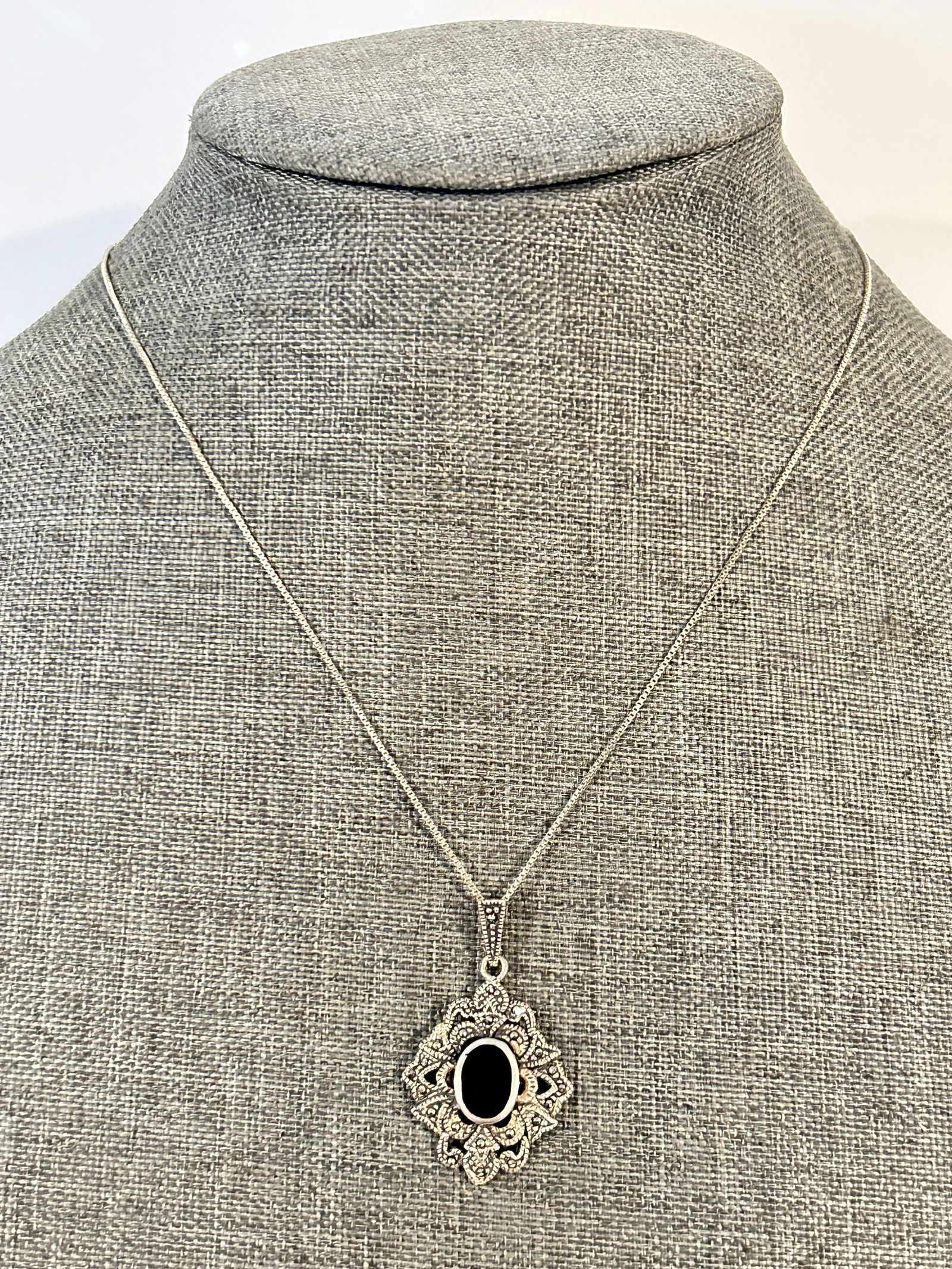 Vintage Sterling Silver onyx marcasite pendant Necklace 18" (1 of 5)
