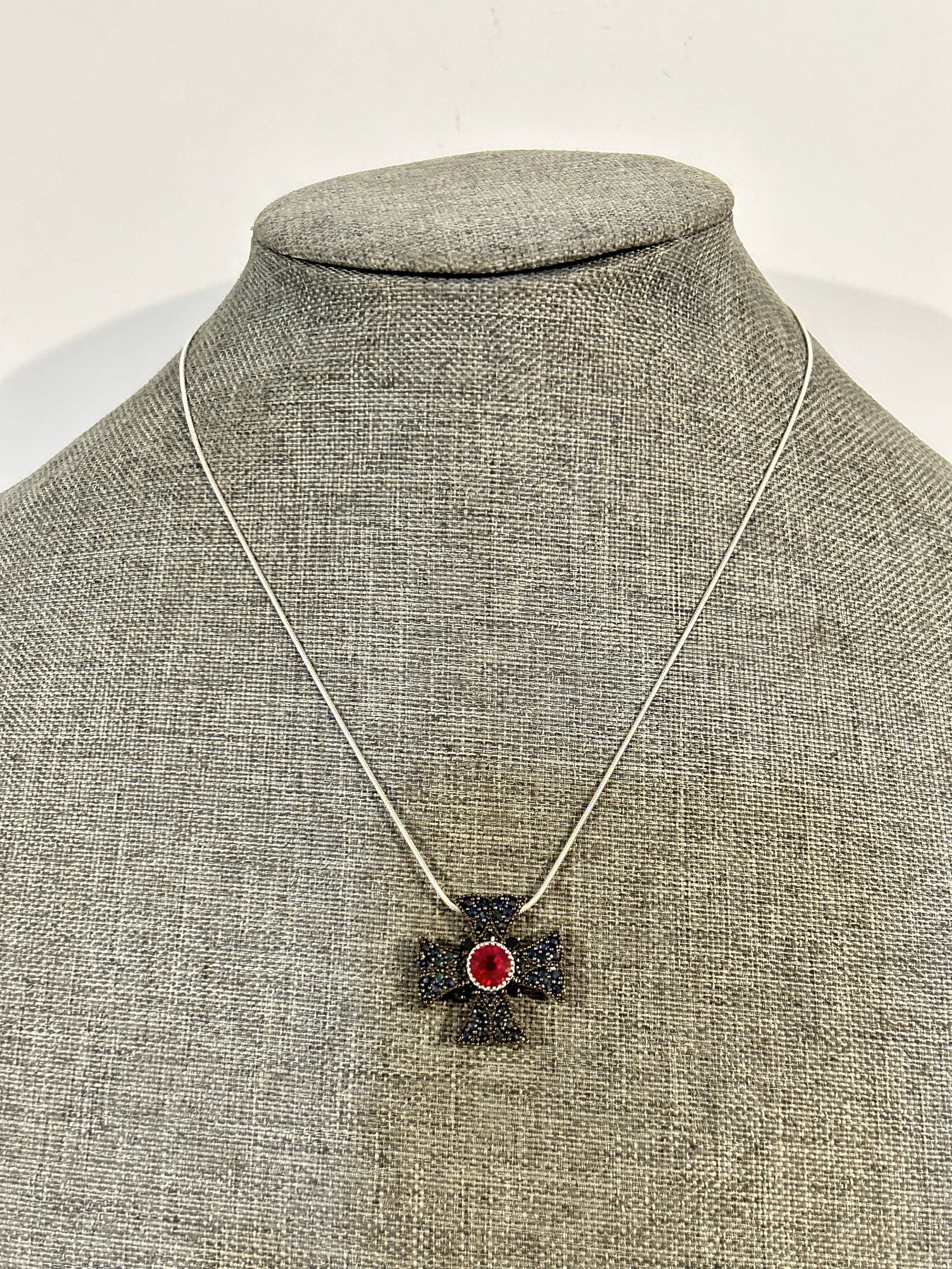 Vintage Sterling Silver ruby marcasite Maltese Cross 17": Vintage Sterling Silver ruby marcasite Maltese Cross 17" Please view all photos as they are part of the description and condition of this Item, Feel free to contact me with questions or picture reques