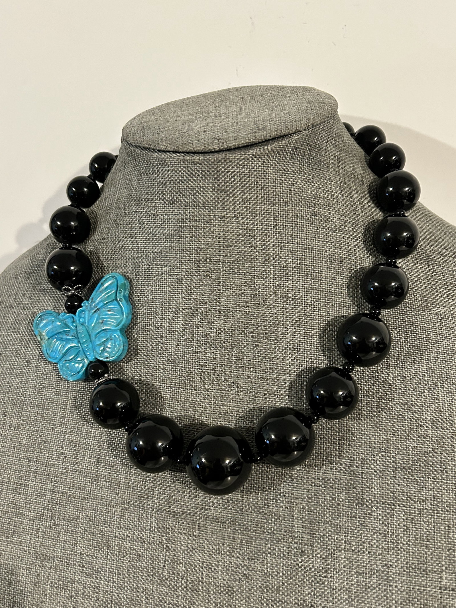 Vintage sterling Onyx And Turquoise Butterfly beaded Necklace 16" new (1 of 6)