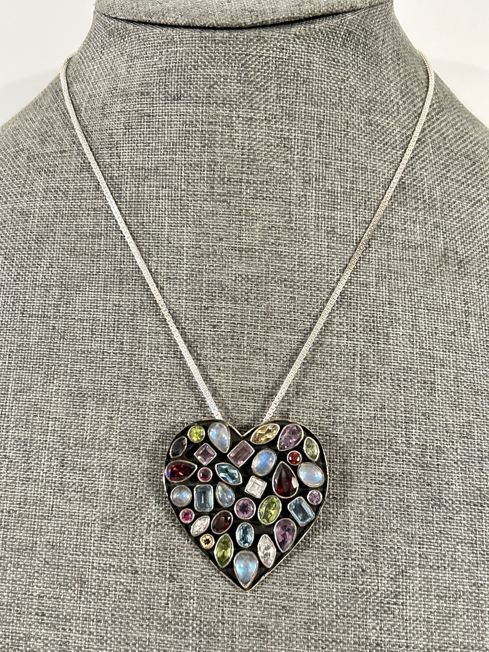 Sterling Silver Multi Gemstone Heart Brooch Pin Pendant necklace by Nicky Butler 18" new (1 of 8)
