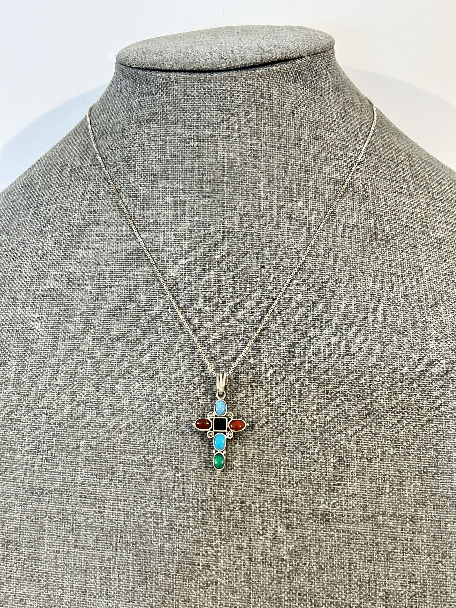 Vintage Sterling Silver reversable gemstone cross Necklace 18" (1 of 7)