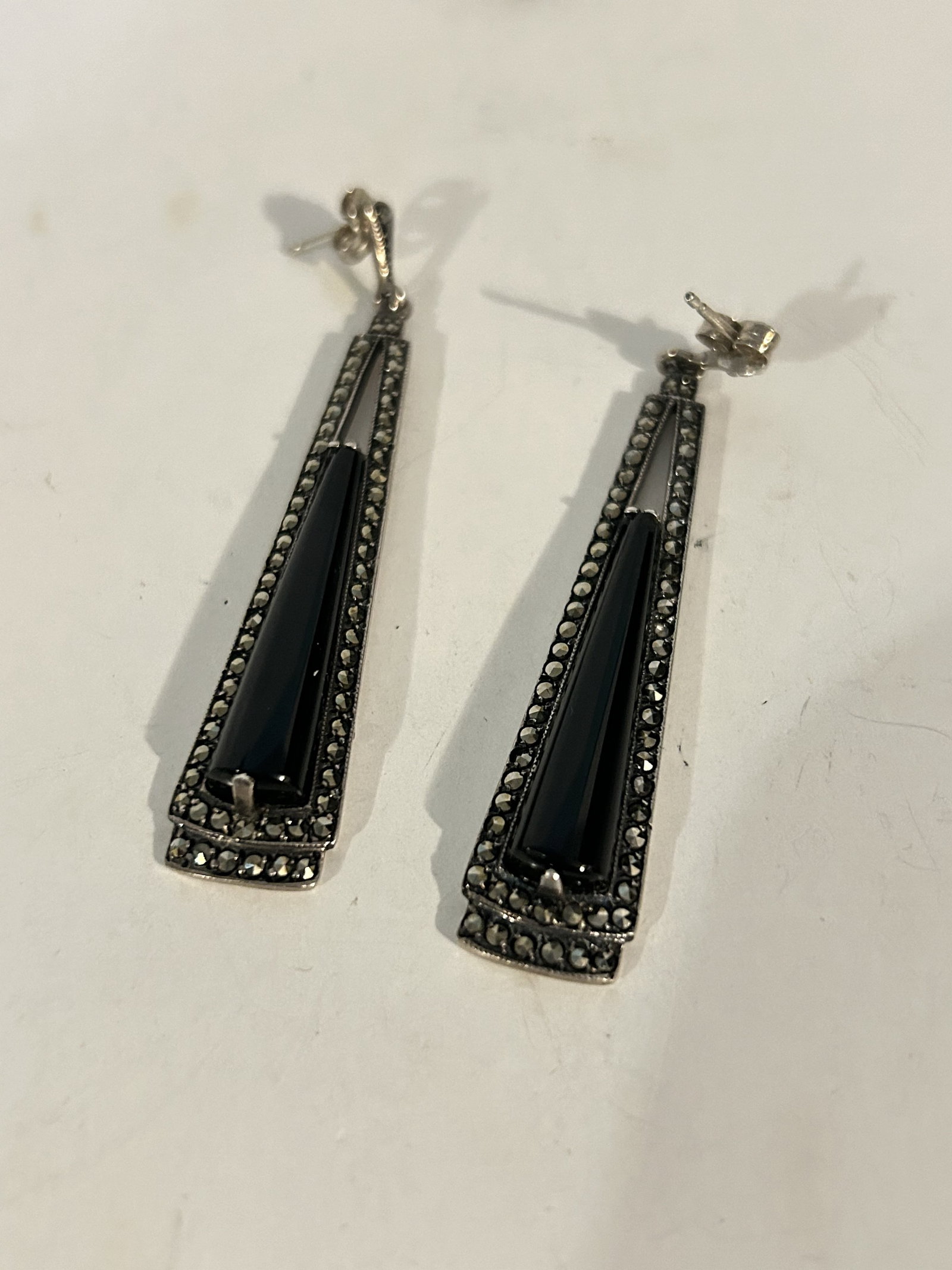 Vintage Sterling Silver onyx long marcasite earrings signed 2 3/4": Vintage Sterling Silver onyx long marcasite earrings signed 2 3/4" Please view all photos as they are part of the description and condition of this Item, Feel free to contact me with questions or pict