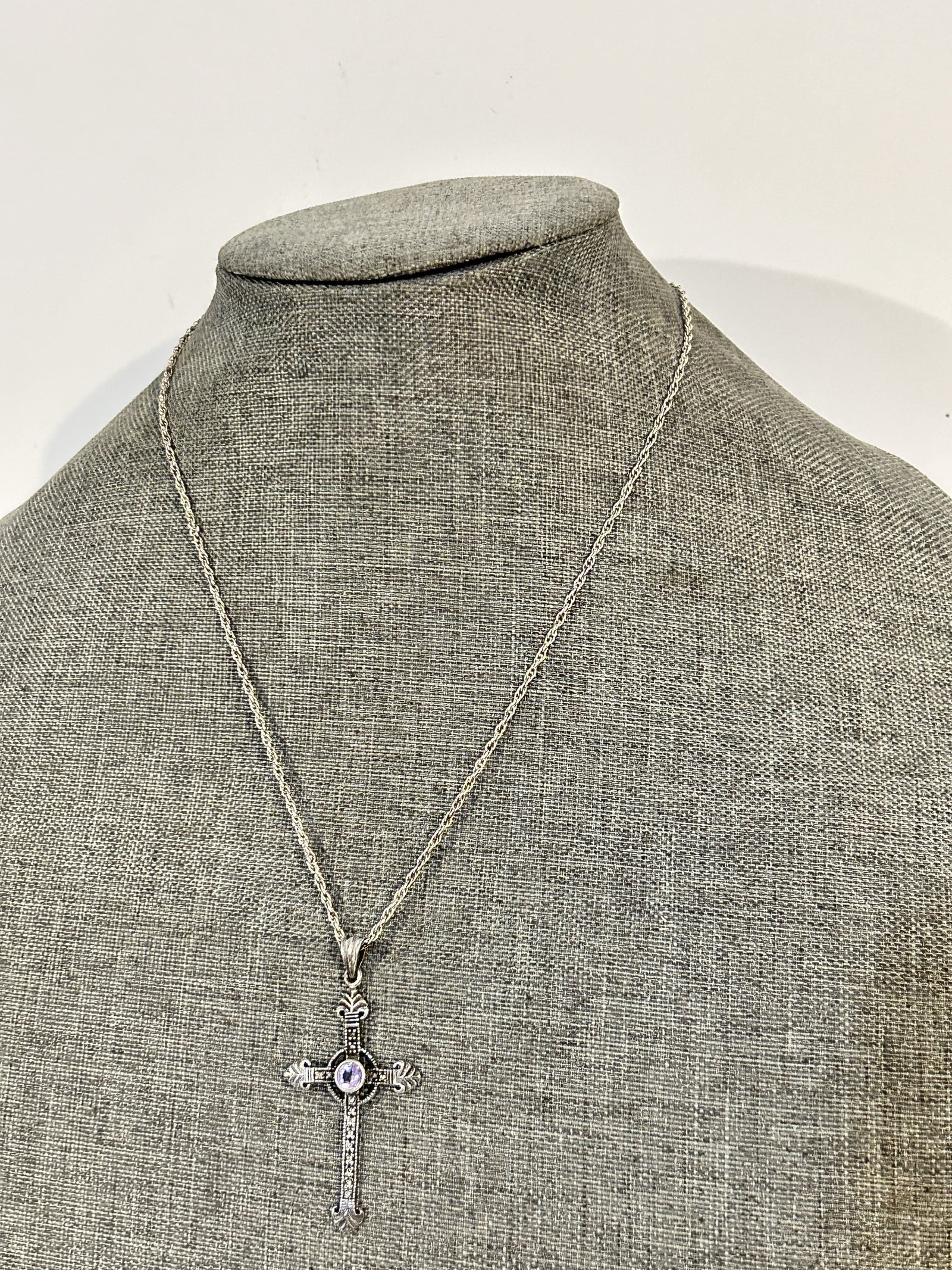 Vintage Sterling Silver Cross marcasite amethsyt Necklace sz 19": Vintage Sterling Silver Cross marcasite amethsyt Necklace sz 19" Please view all photos as they are part of the description and condition of this Item, Feel free to contact me with questions or pictur