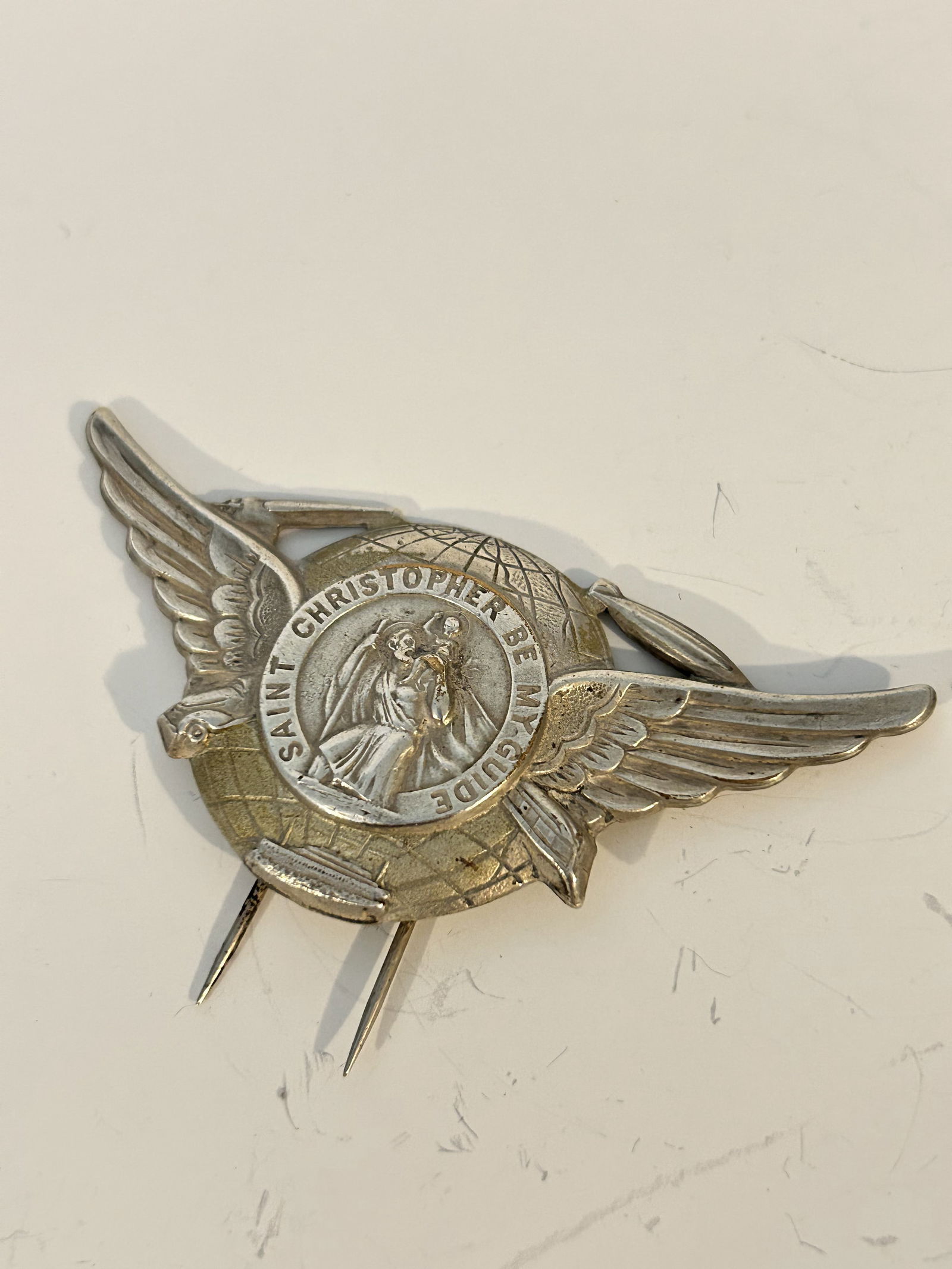 Vintage Sterling Saint Christopher Be My Guide Medal WWII 1940s Hat Badge Car Visor Clip (1 of 4)