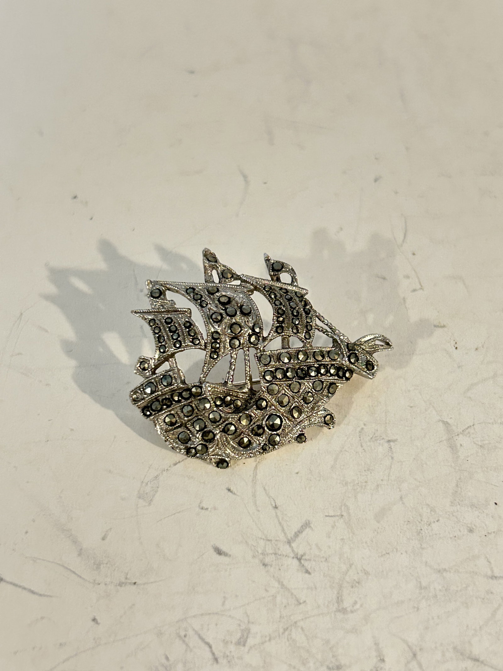 Vintage Sterling Silver marcasite ship sail boat Brooch: Vintage Sterling Silver marcasite ship sail boat Brooch Please view all photos as they are part of the description and condition of this Item, Feel free to contact me with questions or picture request