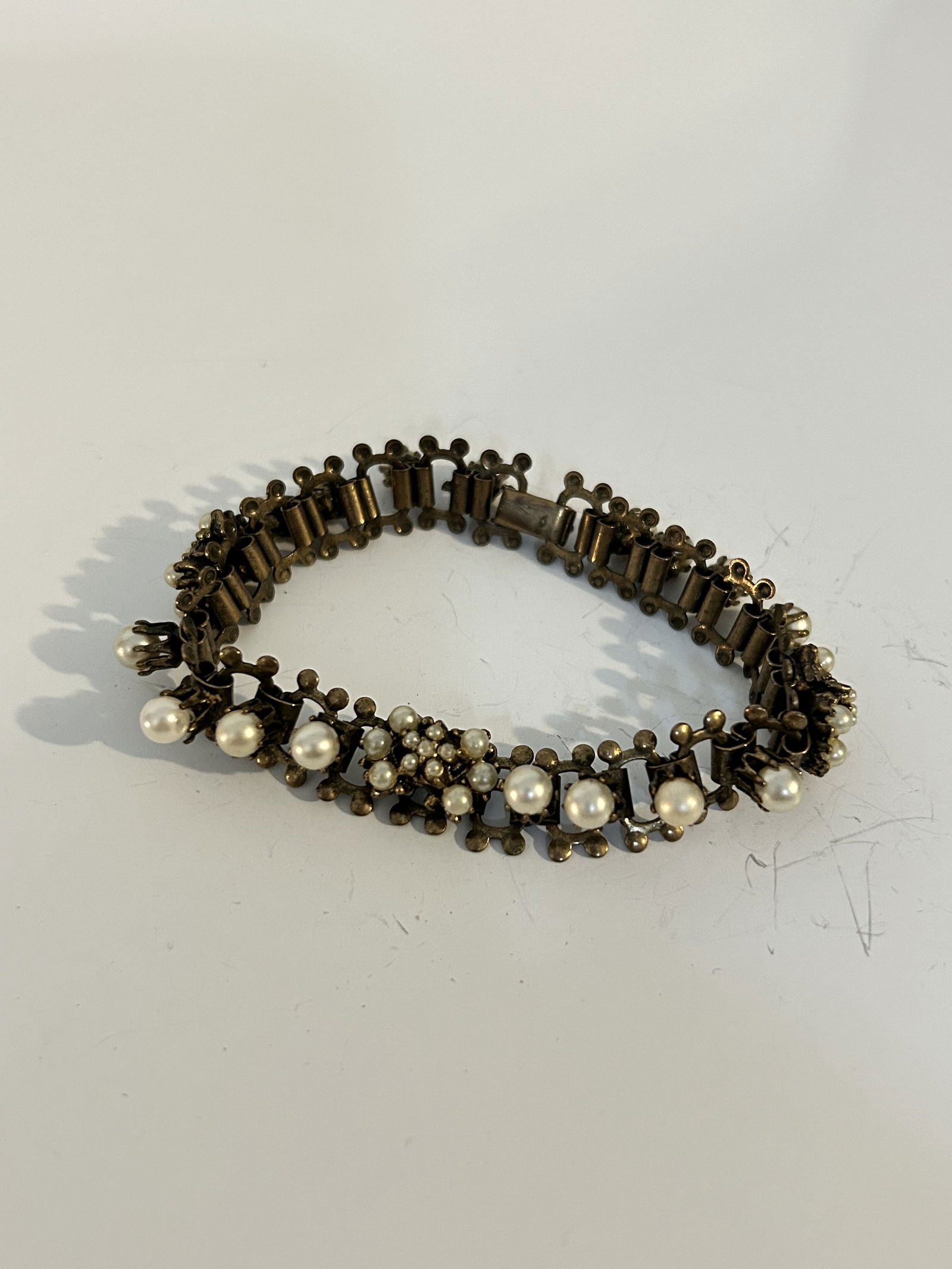 Vintage old pearl brass Bracelet possible 1800s 7" (1 of 4)
