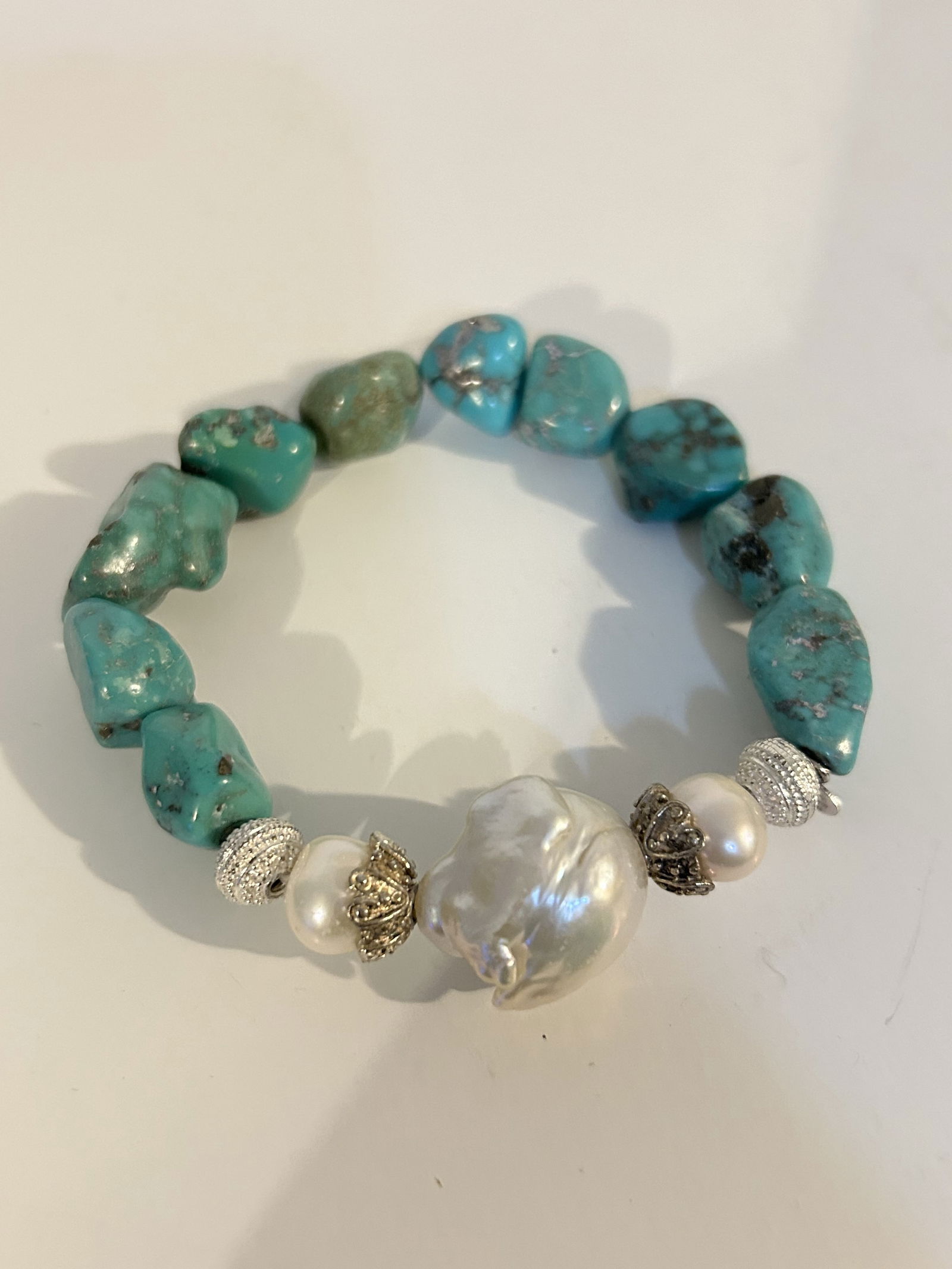 Vintage sterling silver Turquoise beaded stretch pearl Bracelet (1 of 3)
