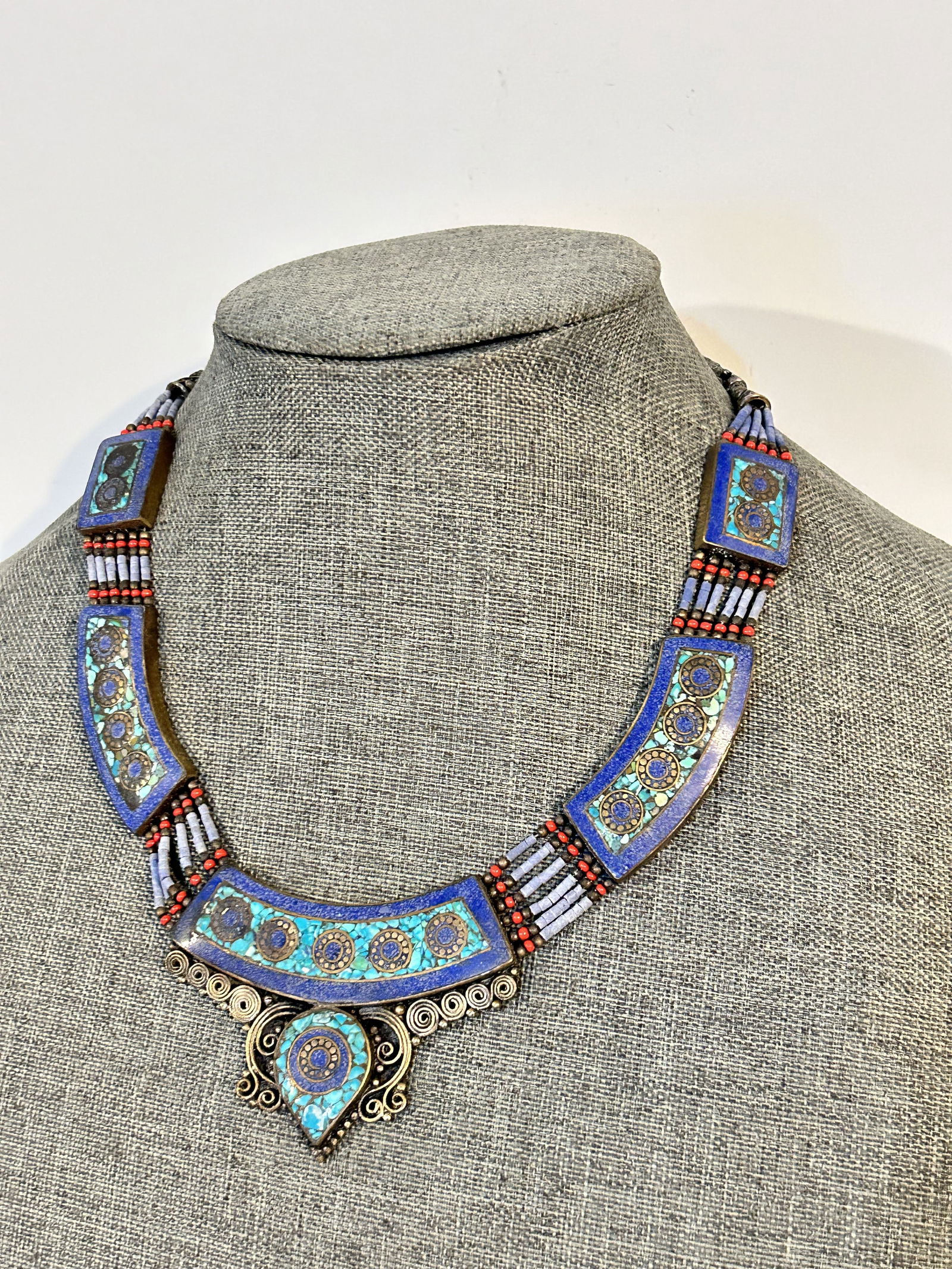 Vintage Artisan Statement Silver Inlaid Turquoise Coral Lapis 20" HEAVY NECKLACE (1 of 6)
