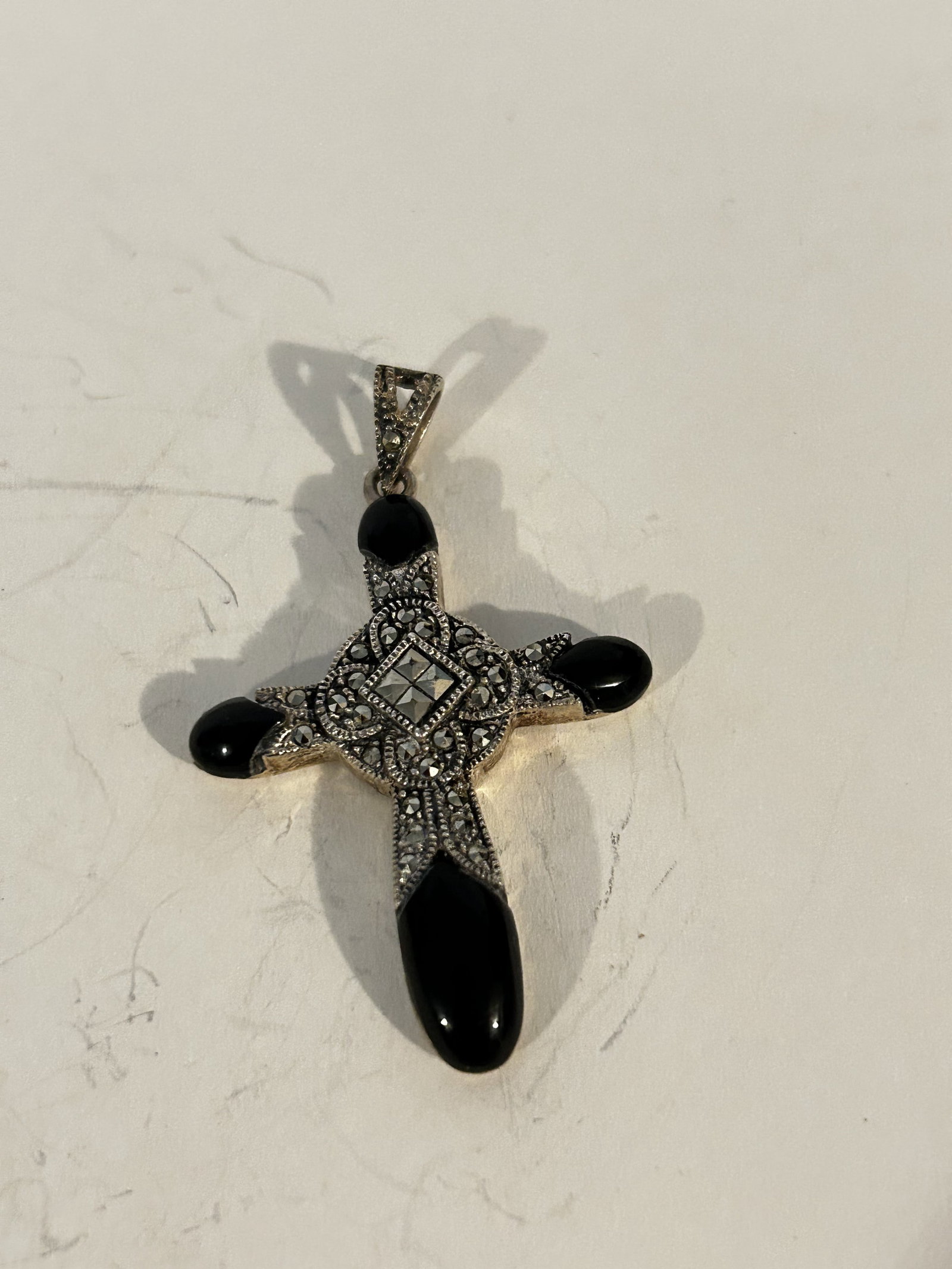Vintage Sterling Silver marcasite onyx cross Pendant: Vintage Sterling Silver marcasite onyx cross Pendant Please view all photos as they are part of the description and condition of this Item, Feel free to contact me with questions or picture requests! 