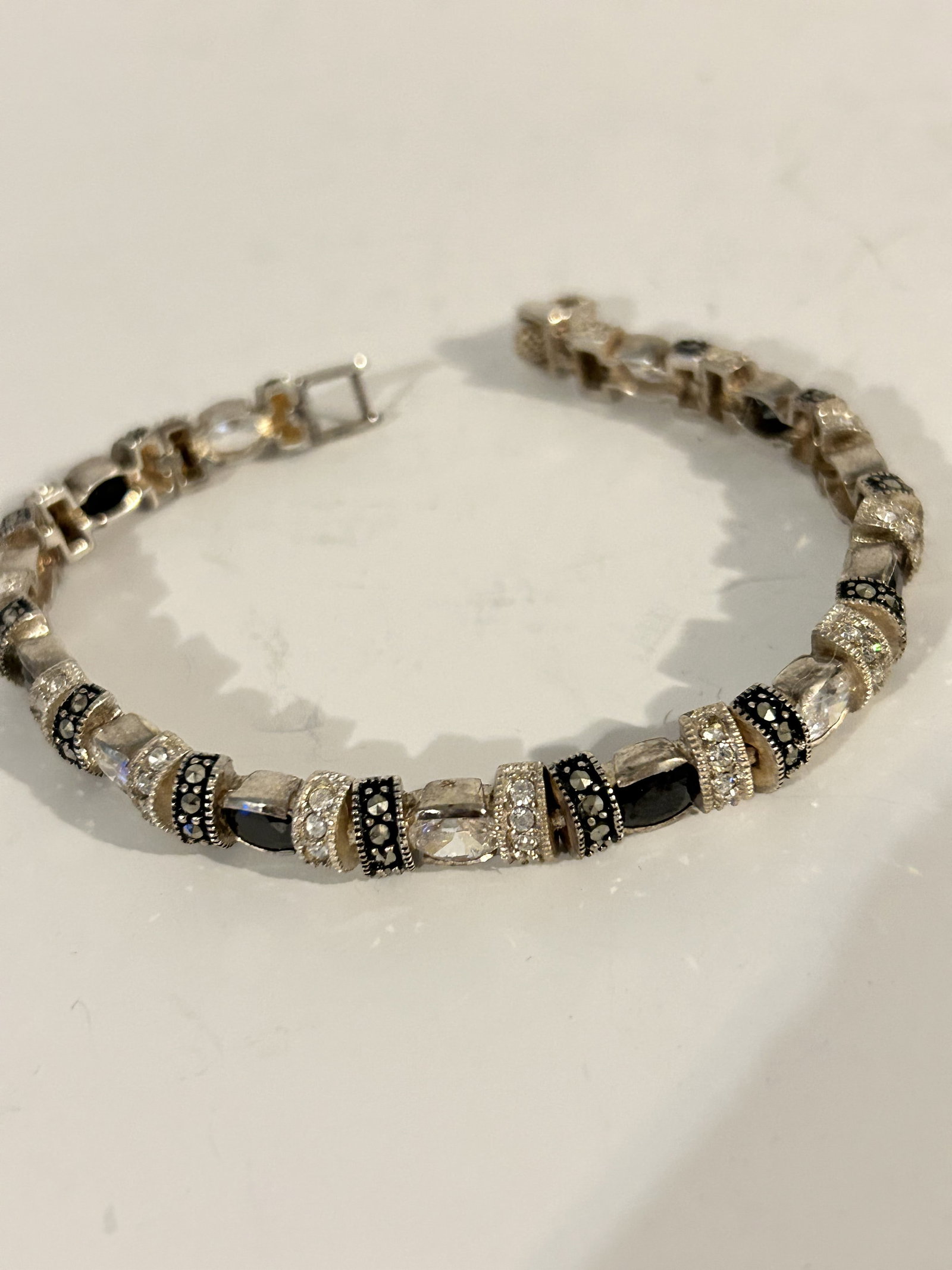 Vintage Sterling Silver Tourmaline marcasite tennis Bracelet 8": Vintage Sterling Silver Tourmaline marcasite tennis Bracelet 8" Please view all photos as they are part of the description and condition of this Item, Feel free to contact me with questions or picture