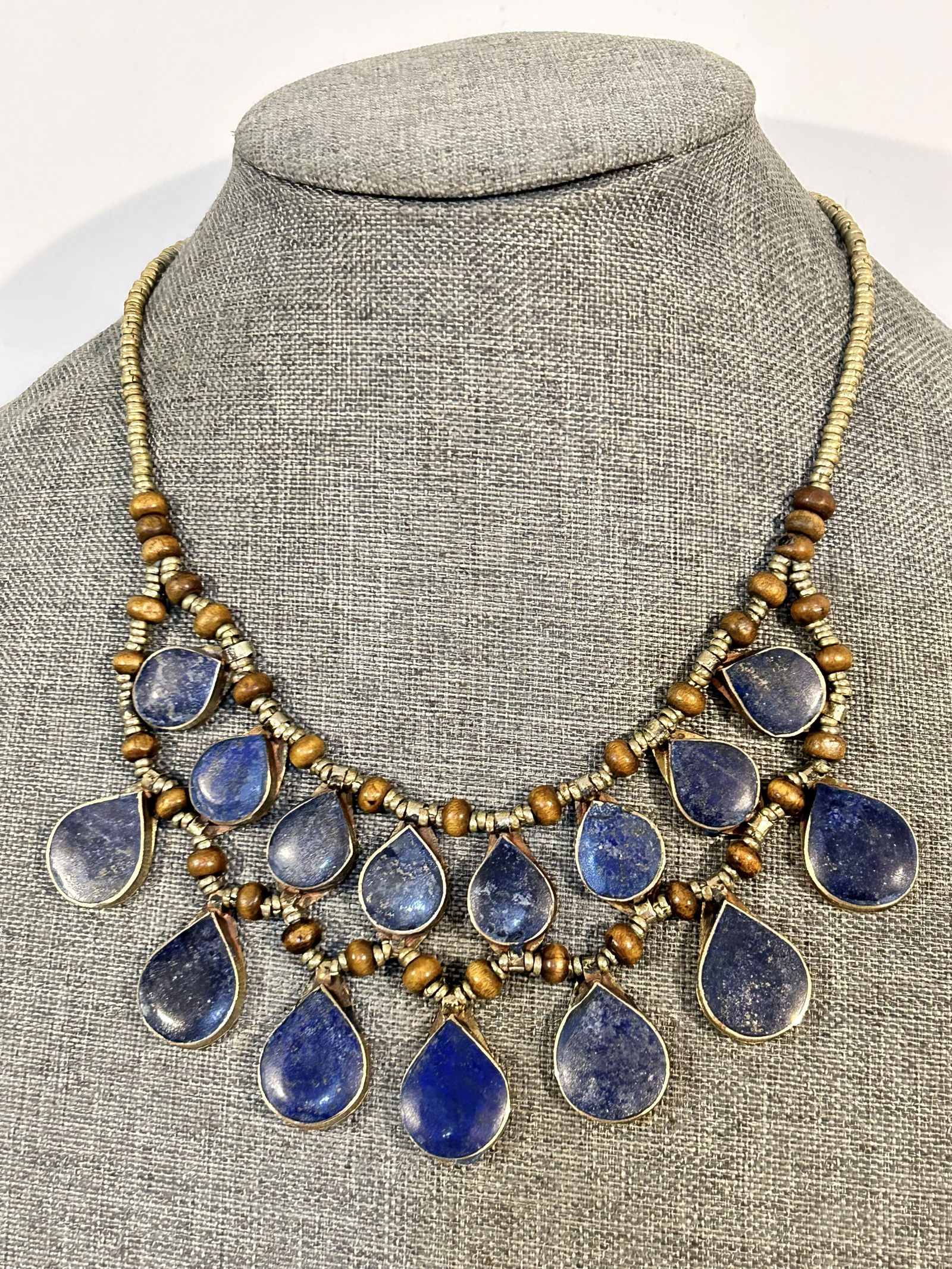 Antique Vintage Lapis blue Silver beaded Statement Necklace 16" (1 of 6)