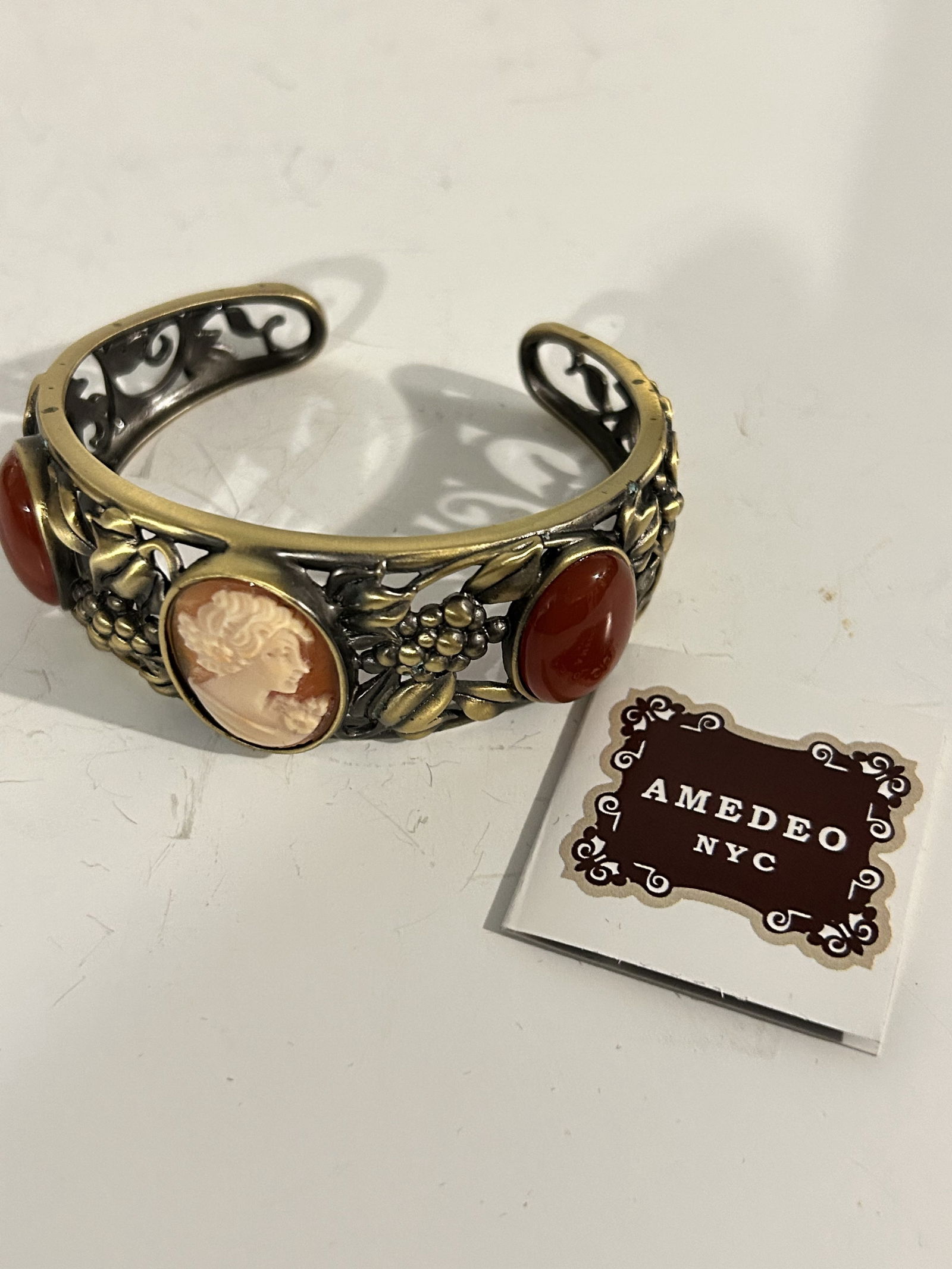 Amedeo Nyc Cameo CUFF Bracelet Antique Gold Tone 8" New (1 of 4)