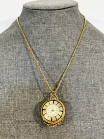 Vintage Interpol Gold Toned cameo Accent Swiss Made Wind Up pendant Pocket Watch necklace 18"