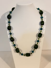 Vintage green old glass beaded Necklace 26"