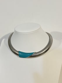 MONET Vintage Necklace Silver Tone Green Shiny Choker 10"