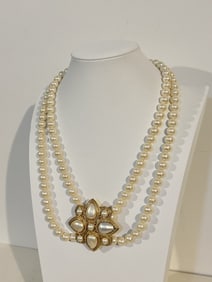 Vintage TAT Faux Pearls Gold Toned Large Cross pendant Necklace 20"