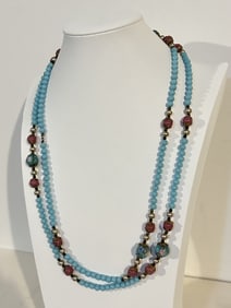 Vintage blue beaded floral murano Necklace 54"