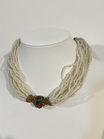 Vintage early 1900s beaded filigree brass Necklace 16"