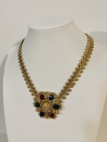 VTG Trifari Goldtone Floral Necklace w/ Cabochon pendant 15"