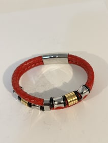 Vintage Red leather stainless Bracelet 8"
