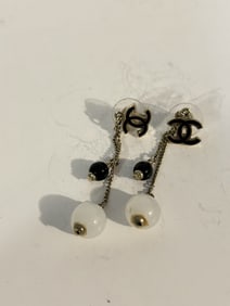 Chanel CC Black/Blue Enamel Dangling beads Earrings Singed