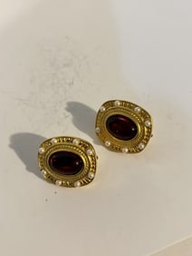 Vintage MARVELLA Signed Red Lucite Cabochon Earrings