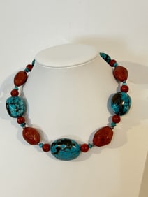 Lucas Lameth chunky turquoise and coral necklace, great condition, 925 sterling 16"