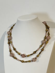 Vintage Sterling Silver pink jade brass Necklace 40"