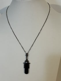 Vintage Sterling Silver onyx marcasite pendant Necklace 18"