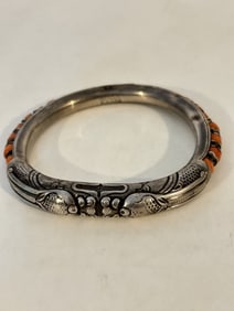 Vintage Double Dragon Sterling Silver coral foo dog 8" Bacelet 56 grams