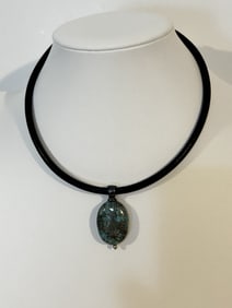 Vintage Sterling Silver leather Turquoise pendant Necklace 15"