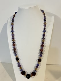 Vintage Sterling Silver purple glass beaded Necklace 29"