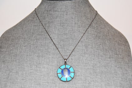 Vintage Sterling Silver Turquoise foreign Necklace pendant 18"