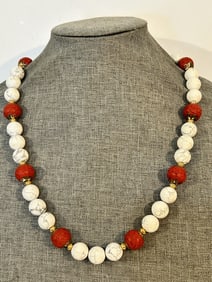 Vtg Chinese Carved Cinnabar Cloisonne Red white Bead goldfilled Necklace 24"