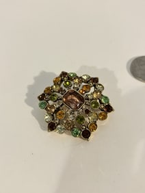 Vintage LIZ CLAIBORNE Flower Brooch Pin Gold Tone Multicolor Rhinestones