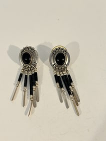 QT-Sterling Silver Southwest onyx Fringe Tassel Dangle Post Earrings