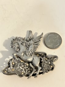 Vintage Signed JJ Jonette Pewter Tone Rhinestones Pegasus Horse Stars Brooch Pin