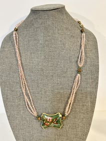 Vintage Floral Butterfly Cloisonné Pendant crystal necklace Gold Tone 28"