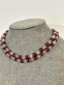 Vintage early 1900s beaded purple brass double strand Necklace 14"