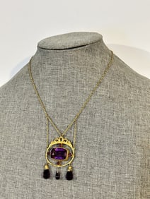 Vintage 1800s brass gemstone pendant Necklace 17"