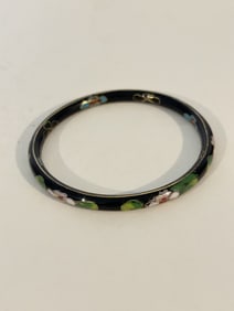 Vintage Chinese Cloisonne Blue Enamel Bangle Bracelet Floral Leafs Gold Rim 8"