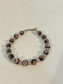 Vintage Chinese Cloisonne beaded Enamel Bracelet Floral tourmaline 8"