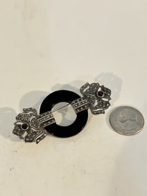 Vintage Sterling Silver marcasite onyx Amethyst brooch