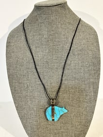 Vintage Southwest Native American Sterling Silver Turquoise Bear Pendant  signed 34"