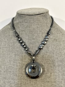 Vintage Hematite/black pendant Necklace 16"