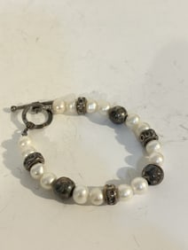 Vintage Israel Sterling Silver beaded Pearl Bracelet 8