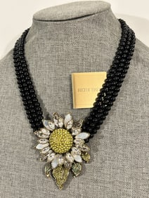 Heidi Daus Onyx bead & Swarovski Crystals Adjustable Flower Necklace New